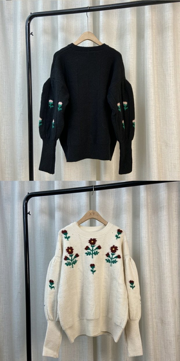 Temperament flower sweater, vintage, jacquard lantern sleeve jumper, fall outerwear top  1409