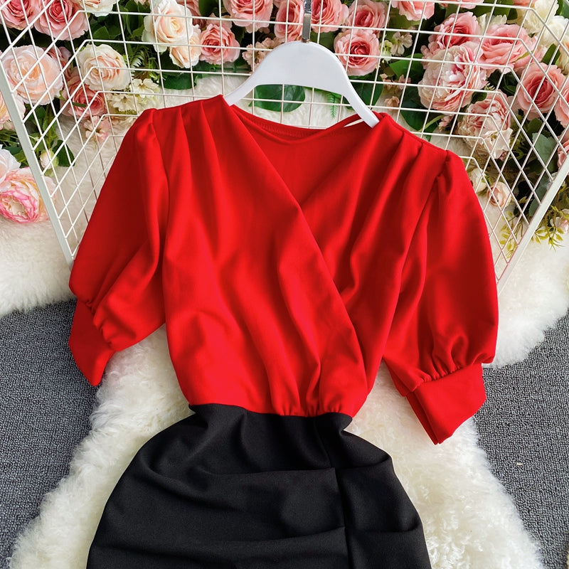 Pleated waist with thin design and color blocking dress  3421