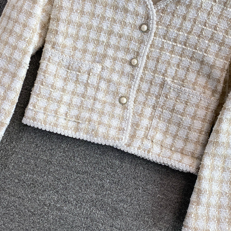 Vintage kleiner duftgewebter Tweed-Mantel mit V-Ausschnitt 1664