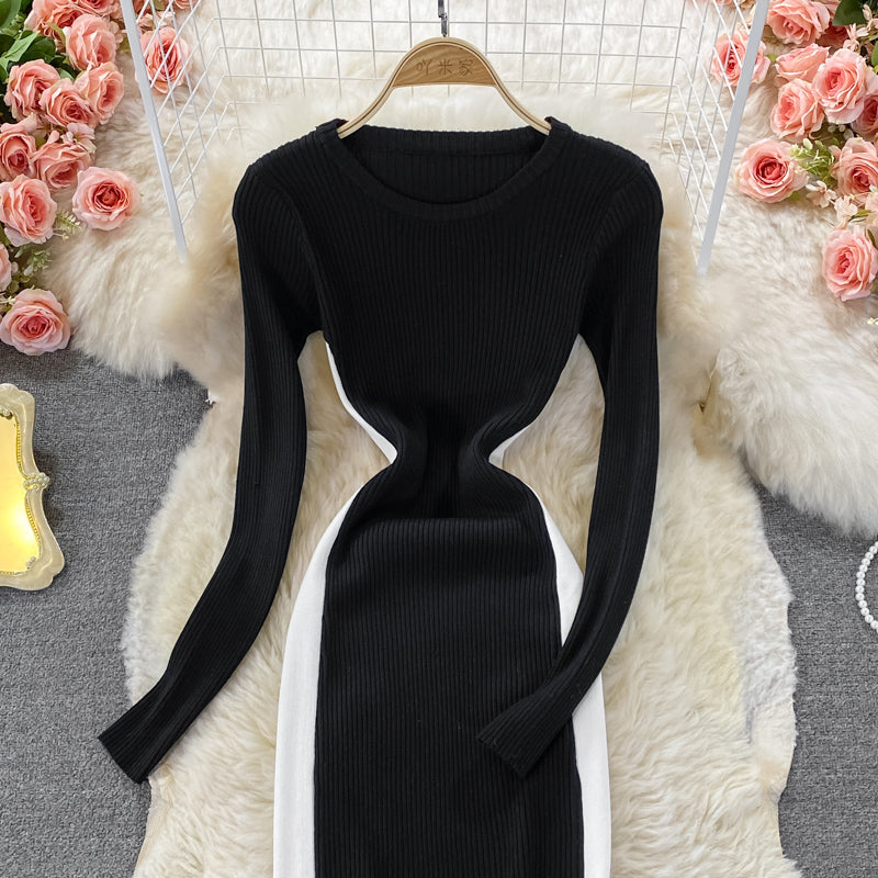 Round neck long sleeve split medium long stretch tight knit dress  3381