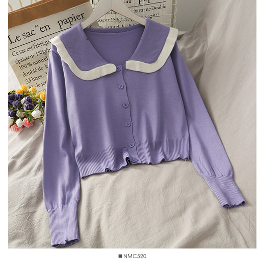 Einreihige Strickjacke im College-Stil mit weißem Rand und Puppenkragen 1806