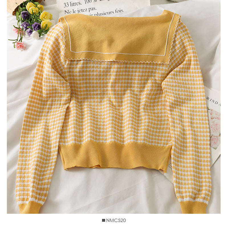 Slim and slim check long sleeve sweater women's doll neck  1760