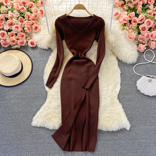 Jupe tricotée élastique serrée à la taille avec fermeture à glissière et robe fendue 2858