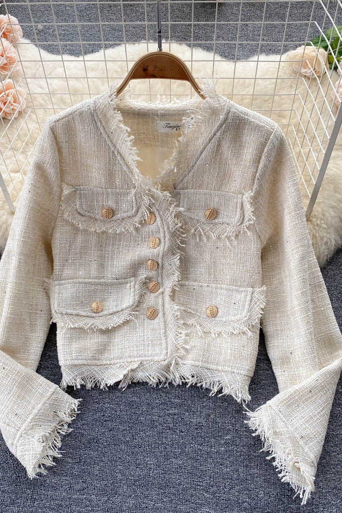 Vintage kleiner Duft Tweed Mantel V-Ausschnitt Mantel 1556