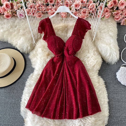 Robe trapèze sexy à sequins et décolleté en V 2769