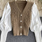 Minority lamb leg sleeve long sleeve stitched Vintage twist knitted cardigan top  1575