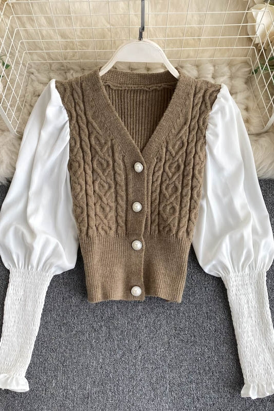 Minority lamb leg sleeve long sleeve stitched Vintage twist knitted cardigan top  1575