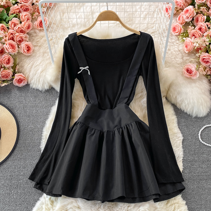 Pleated long sleeve dress women's slim A-line skirt  3259