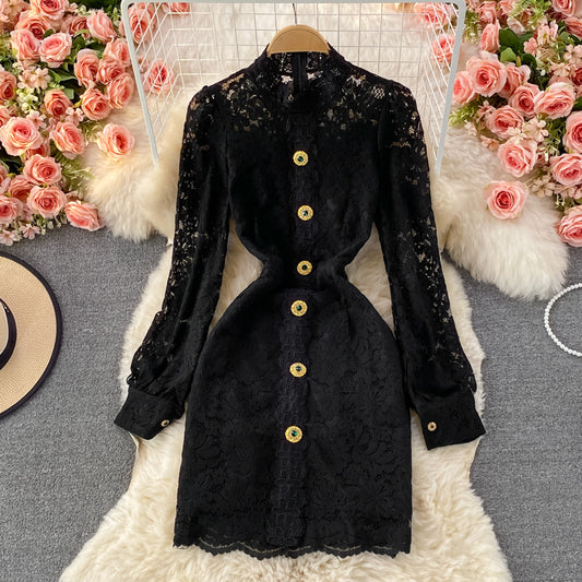 Light luxury medium length stand collar lace Hip Wrap Dress long sleeve  3236