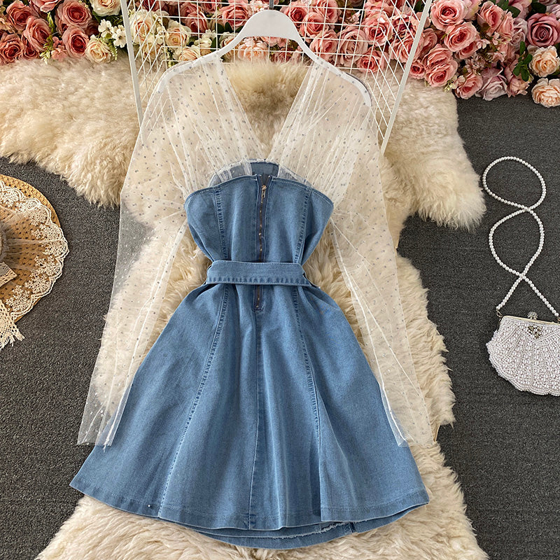 Schmales A-Linien-Jeansrockkleid mit Mesh-Nähten 3438