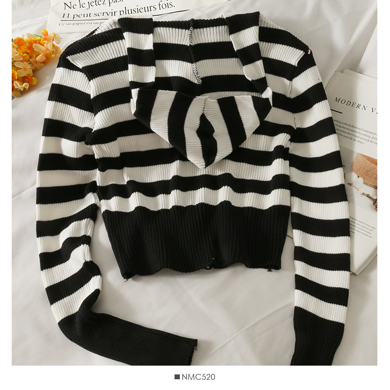 Striped slim Hooded Sweater Zip Cardigan long sleeve  1766