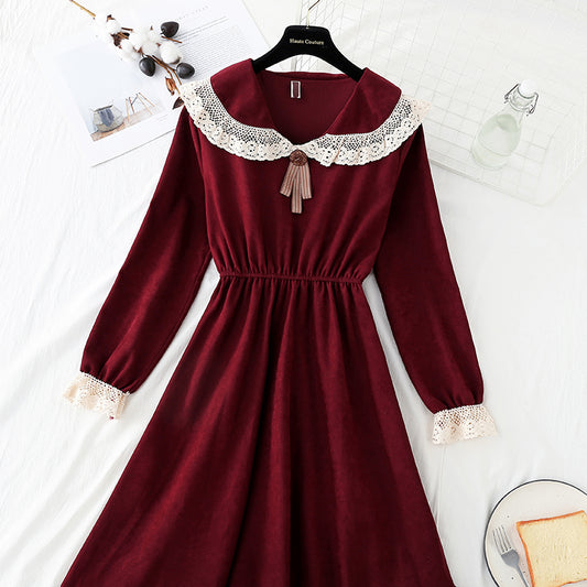 Female doll collar red corduroy dress  2180