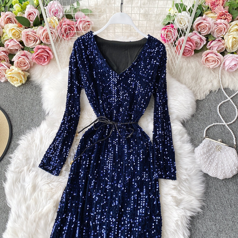 Robe à sequins à col en V et manches longues avec fermeture à la taille pour femme, jupe longue de tempérament 3139