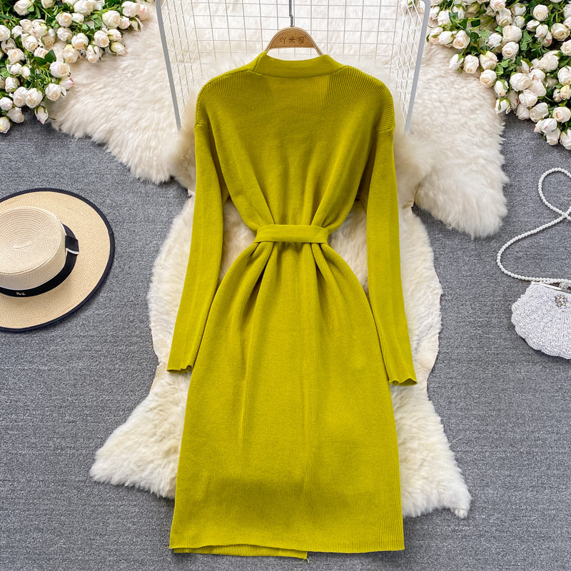 Sanftes Strickkleid mit V-Ausschnitt, Temperament, dünner Pulloverrock 3379