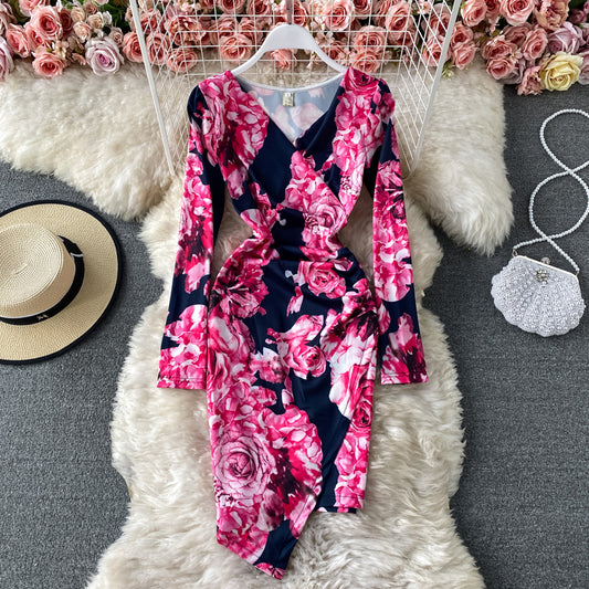 Sexy printed Hip Wrap Dress irregular Decor medium length skirt  3417