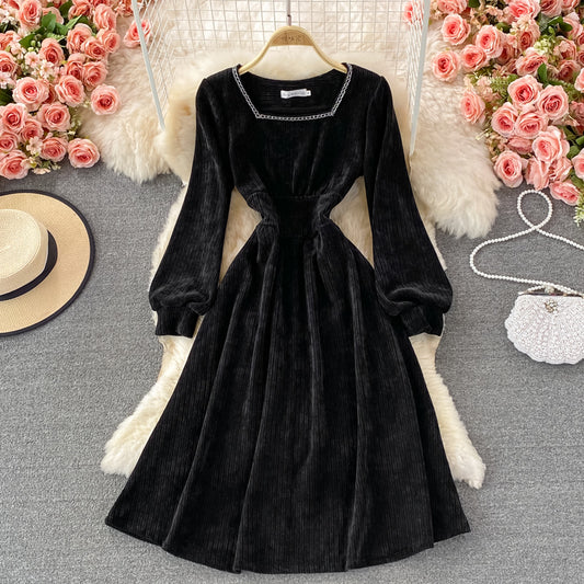 Vintage long sleeve corduroy square neck dress  2868