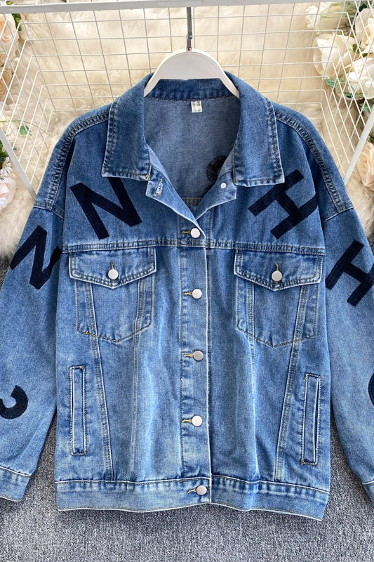 Jeansjacke Damen Herbst neue Stickerei Buchstabe lose 1493