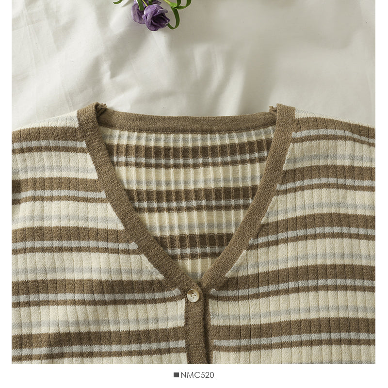 Striped single breasted V-neck cardigan thin top women  1892