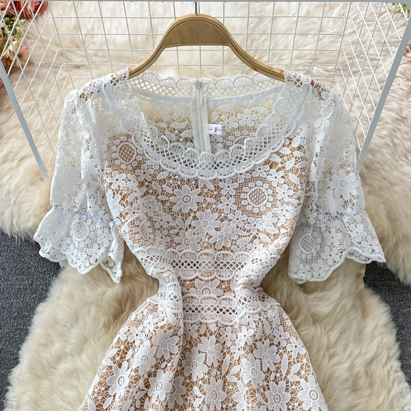 High waist slim water soluble hollow lace fishtail dress  2985