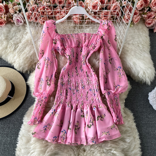 Slim Chiffon pleated floral Ruffle long sleeved dress for women  2727