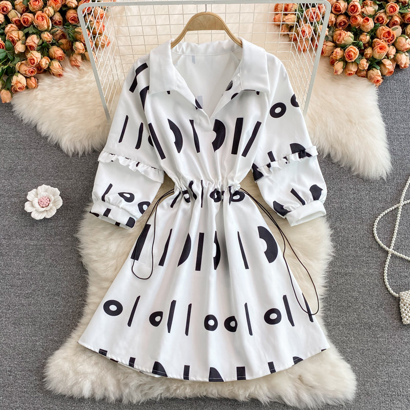 V-neck lettered print dress gentle wind waist sweater skirt  3113