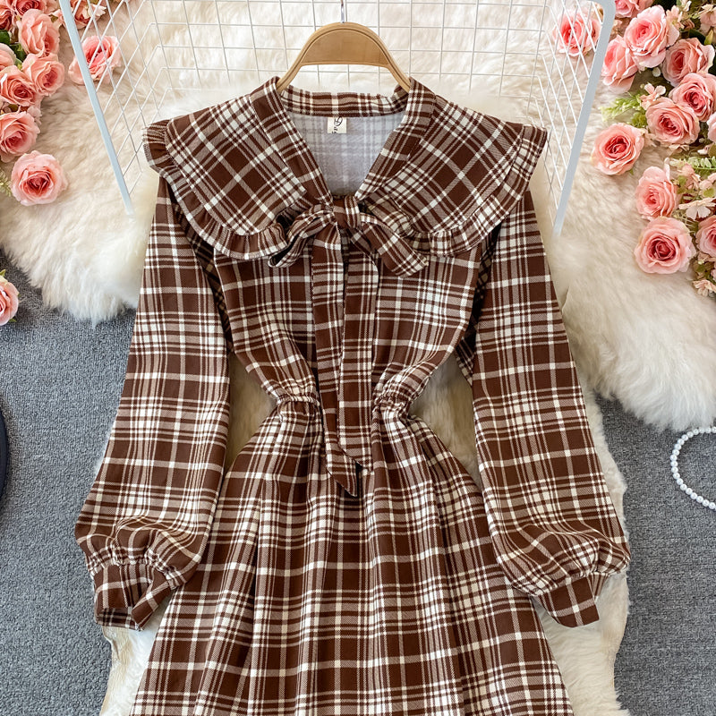 Doll neck bow tie tie mid length dress  3008