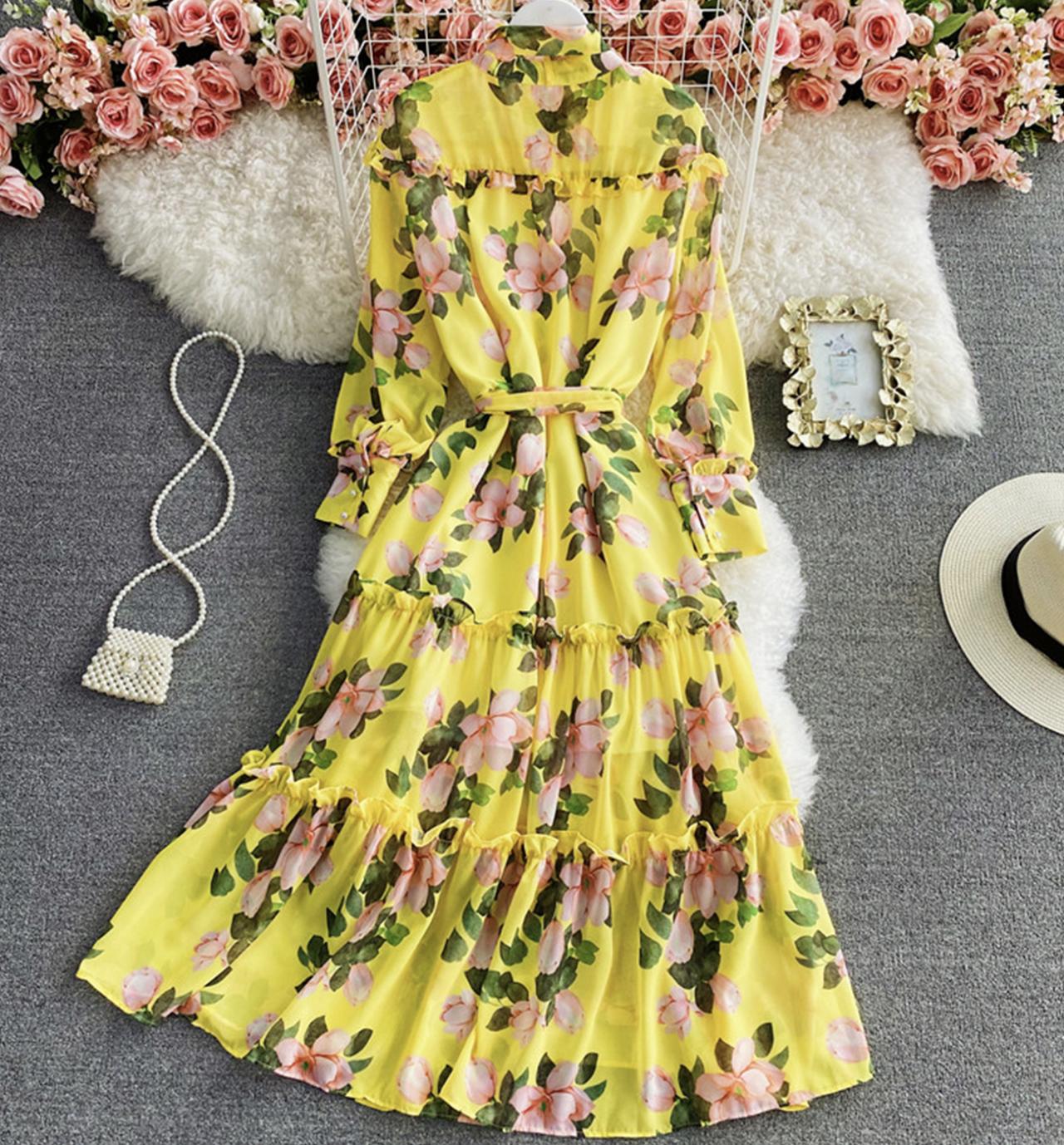 Yellow A line floral dress  1307