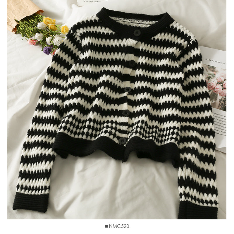 New color contrast stripe single breasted cardigan women's sweater  2046