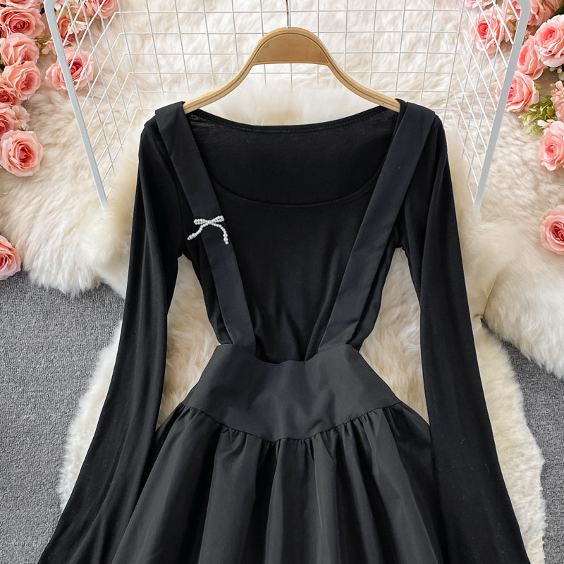 Pleated long sleeve dress women's slim A-line skirt  3259