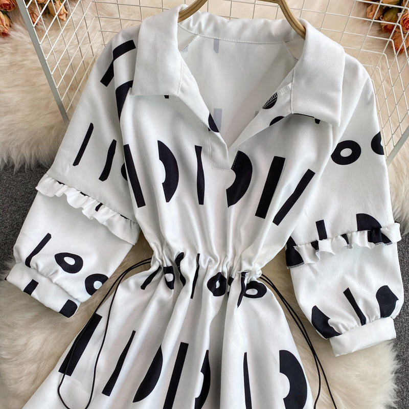 V-neck lettered print dress gentle wind waist sweater skirt  3113