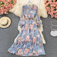 Long sleeve Vintage V-neck Floral Chiffon Dress  3322