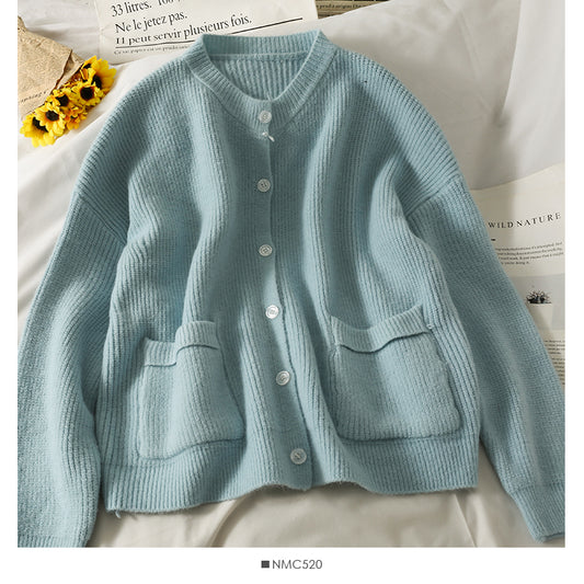 Langärmliger Cardigan mit großen Taschen und Rundhalsausschnitt, lockerer und dünner Brustpullover 1978