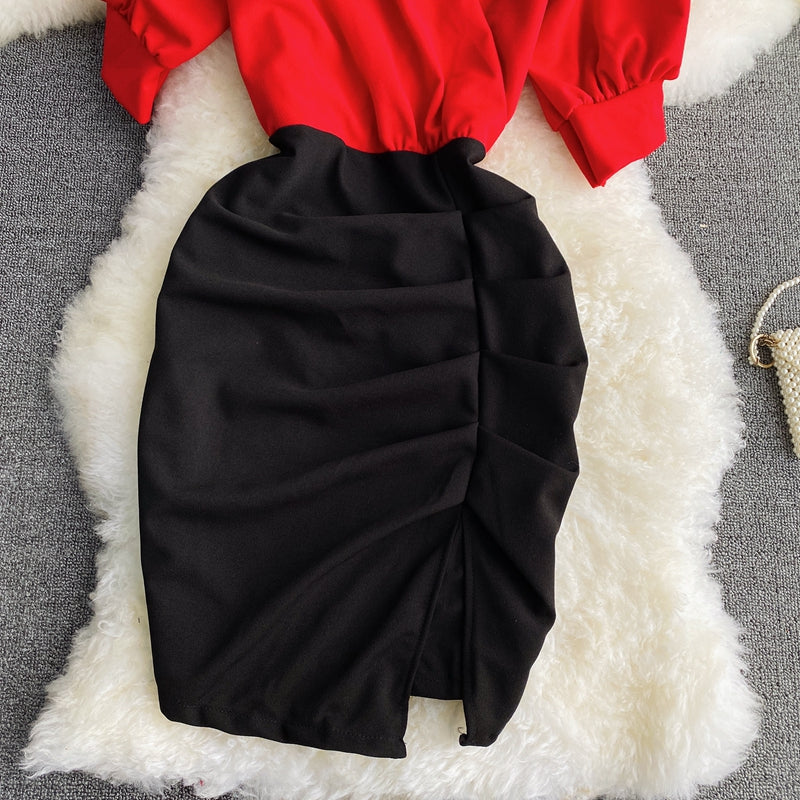 Pleated waist with thin design and color blocking dress  3421