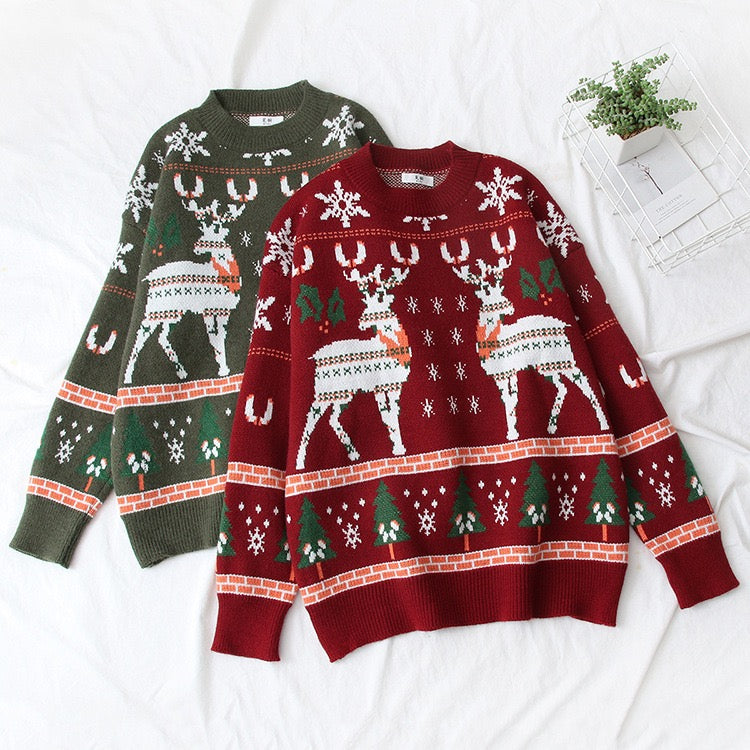 Christmas snowflake deer jacquard knit, fall/winter round neck loose bottom sweater, pullover sweater  1415