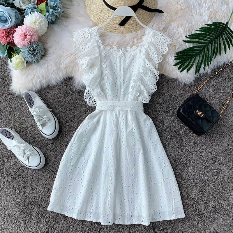 Vintage Lace square neck waist slim dress  2827