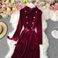 Doll Lapel gold button slim dress big swing velvet dress  3281