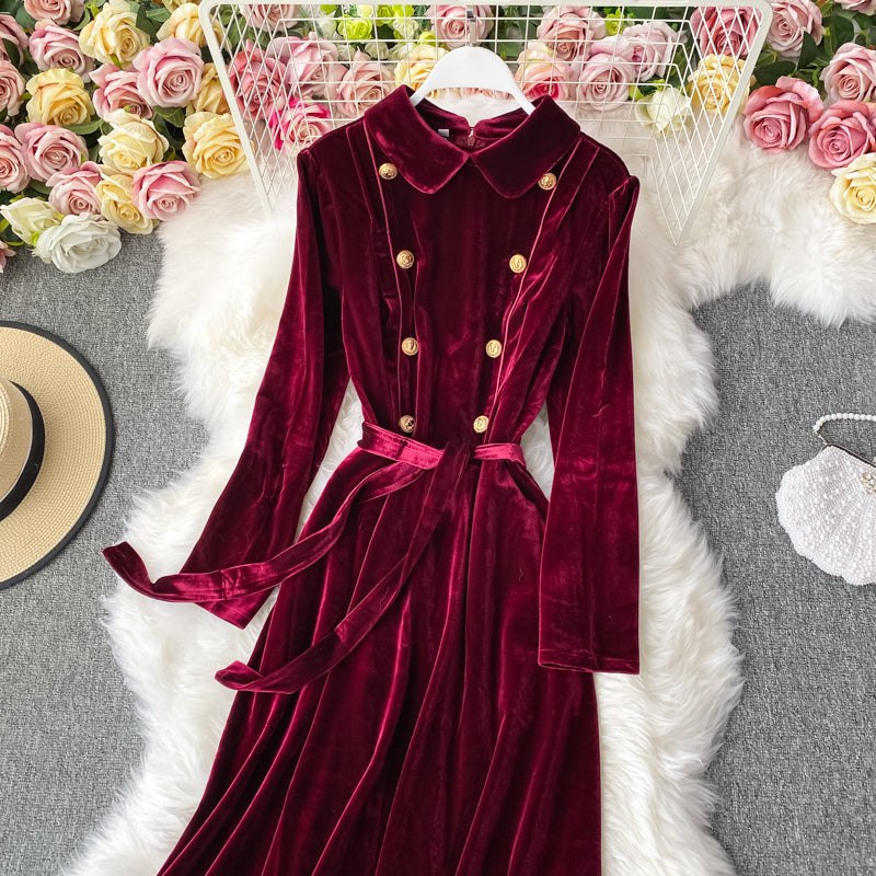 Doll Lapel gold button slim dress big swing velvet dress  3281