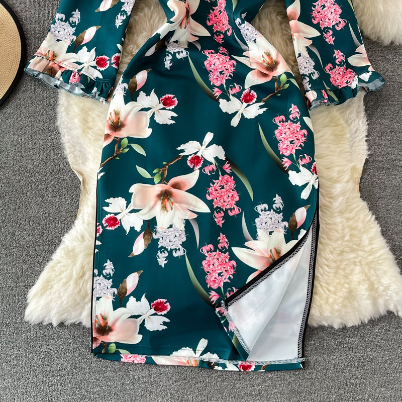 Split cheongsam lace stitched stand collar dress  3244