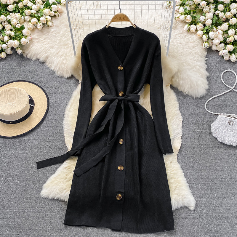 Sanftes Strickkleid mit V-Ausschnitt, Temperament, dünner Pulloverrock 3379