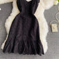 Lace hollow bubble sleeve temperament flounce suspender dress  2765