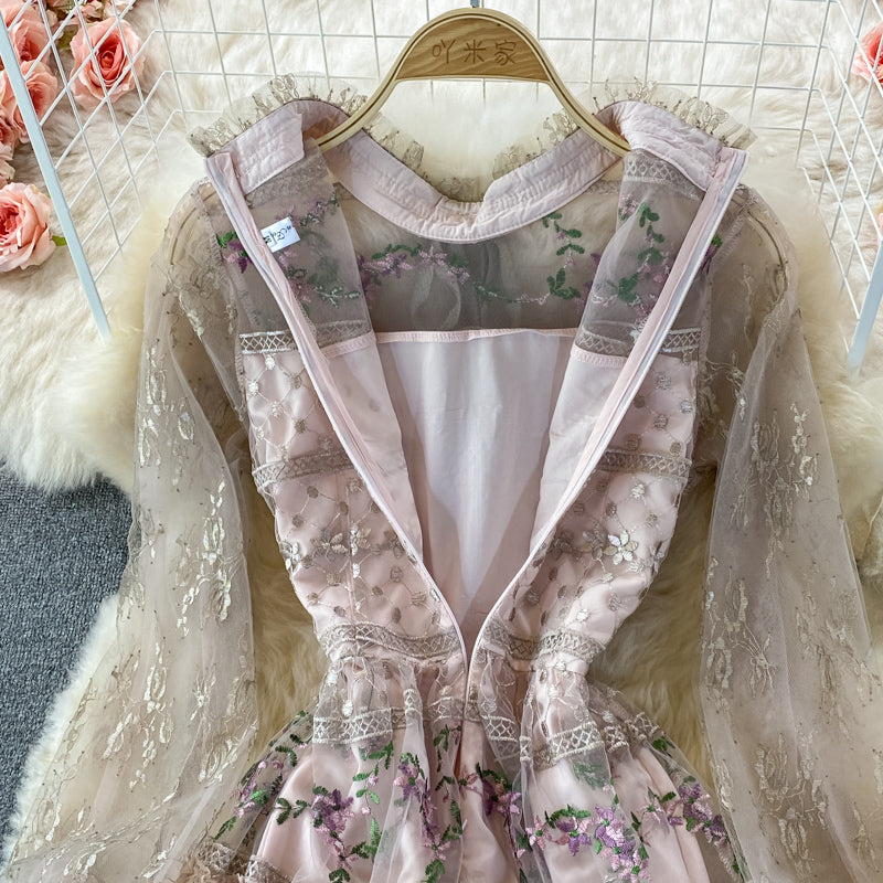 Light luxury stand collar embroidered lace dress  3370