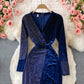 Hot drill velvet dress long skirt waist closing slim cut Hip Wrap Dress  3235
