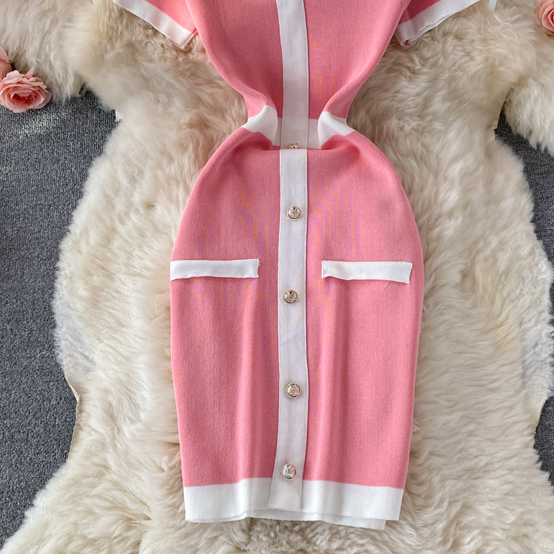 Small fragrance V-neck knitted dress shows thin Hip Wrap bottom skirt  2909