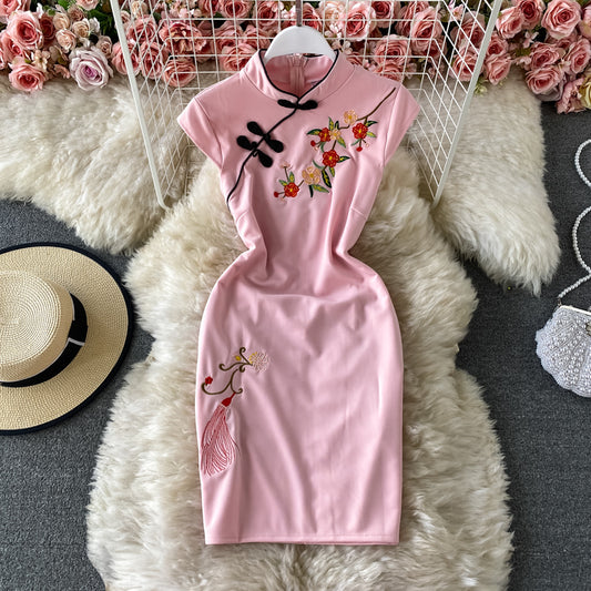 Jupe cheongsam rétro col montant boucle broderie fleur de prunier 2754