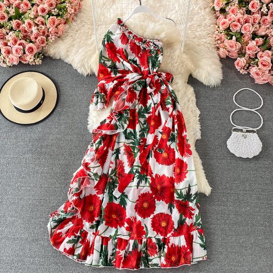 Slant neck one side off shoulder lace up Printed Dress  3195