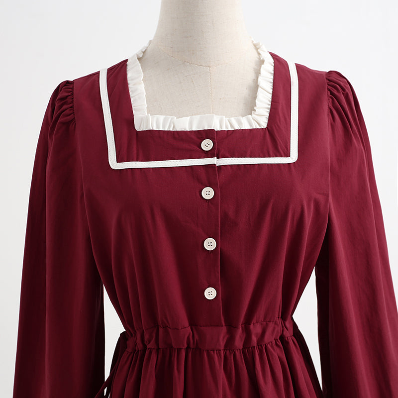 Französisches Retro-Kleid mit langen Ärmeln, College-Stil, schmale Taille, Rock mit rotem Saum 2269