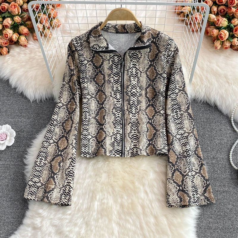 Korean leopard print loose casual stand collar zipper coat  1678