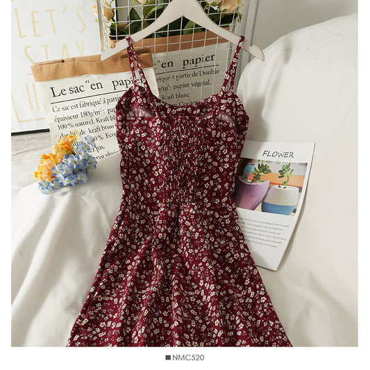 Hong Kong style retro floral high waist low neck short dress  2694