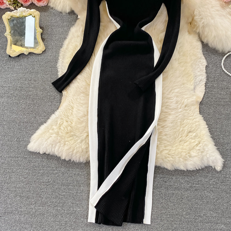 Round neck long sleeve split medium long stretch tight knit dress  3381