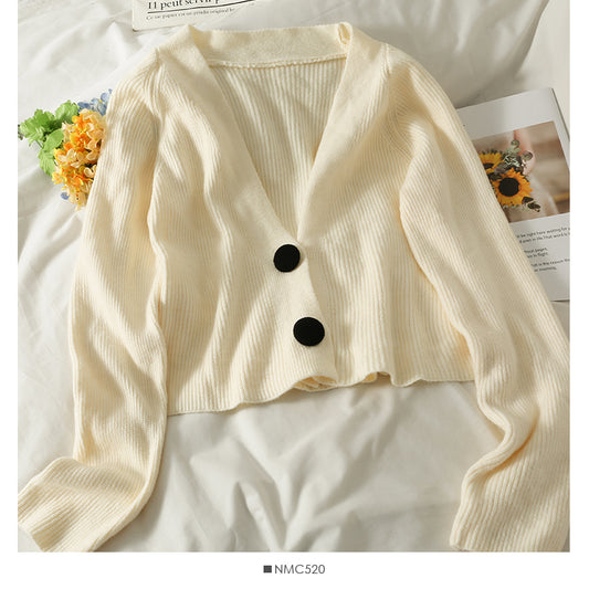 Pullover Damen neue kurze Strickjacke mit zwei Knöpfen mit niedrigem Halsausschnitt 1800